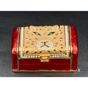 Jeweled Leopard Trinket Box Red Gold Chest | Crystal Keepsake Animal Décor